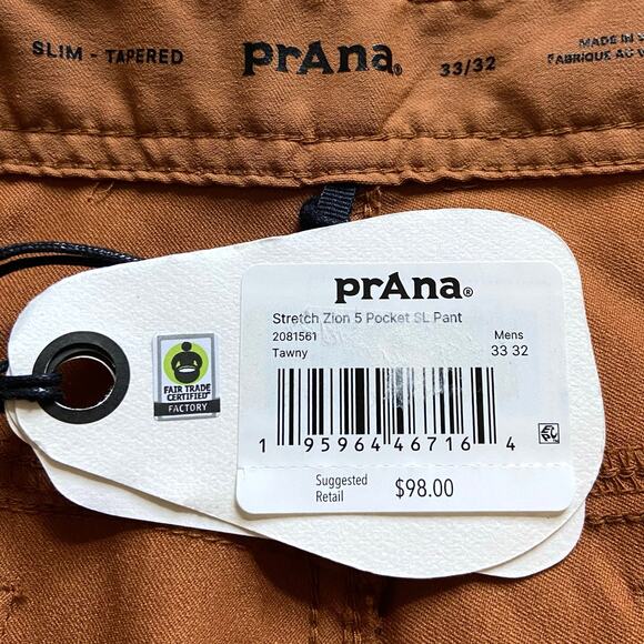 Prana Stretch Zion 5 Pocket Slim Pant Men's 33x32 Tawny Slim Fit Tapered Leg - Picture 3 of 7